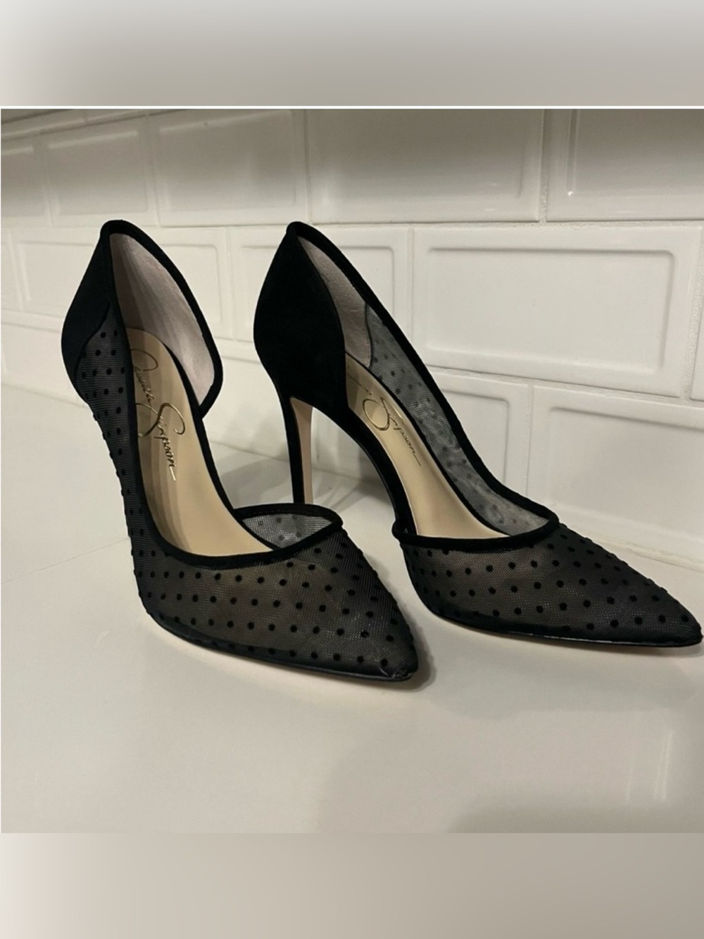Jessica Simpson Black Sheer Polka Dot Pointed Toe Pumps